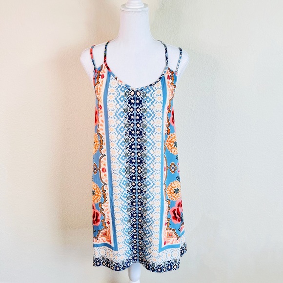 Cream & Bright Floral Mixed Print Linen Strappy Boho Shift Mini Dress - Picture 2 of 11
